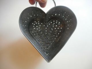 Small Antique Punched Tin Heart Shaped Cheese Mold.  Early Tin Cheese Drainer