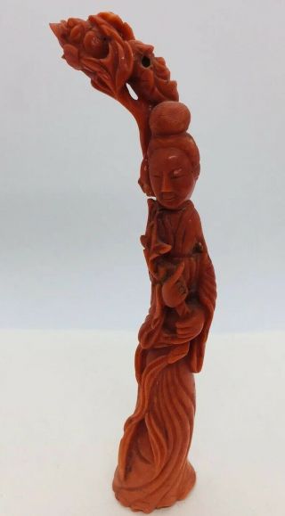 Antique Chinese Guanyin Carved Red Coral Lady Figurine