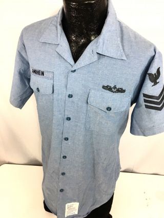 Vtg Navshirt Men Chambray Workwear Us Navy Military Utility Uniform 50/50 Shirt