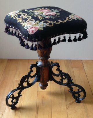 Antique Victorian Wood & Wrought Iron Piano Stool Spins Needlepoint Seat