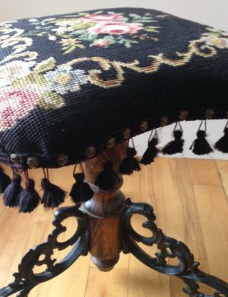 Antique Victorian Wood & Wrought Iron Piano Stool Spins Needlepoint Seat 2