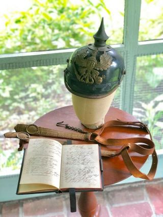 Imperial German Prussian Pickelhaube,  Handwritten Diary,  And Sword Belt Grouping
