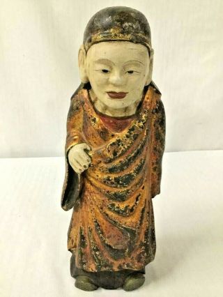 Antique Asian Wood Carved Gilt Painted Buddha Buddhist Figure Cultural Seal