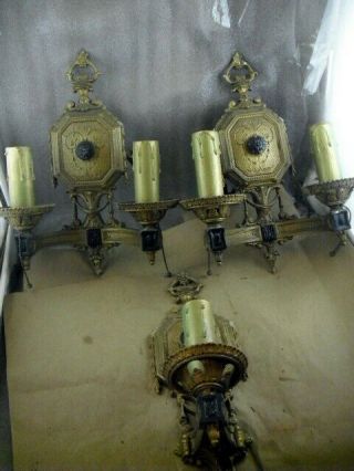 3 Great Antique Brass Cast Iron Wall Sconces Lights Art Deco Electric Candle