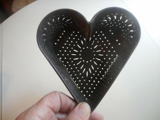 Large Antique Punched Tin Heart Shaped Cheese Mold.  Early Cheese Drainer.  Aafa
