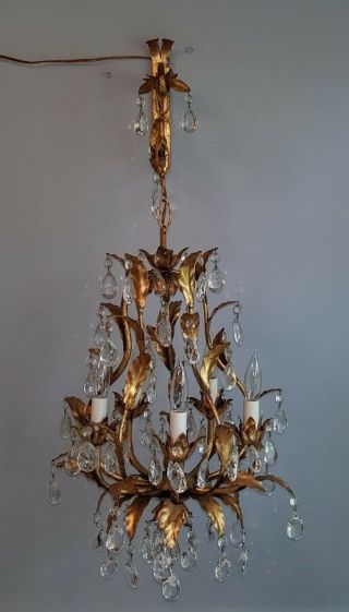 Antique Italian Petite Chandelier Italy Tole Gold Gilt Prisms Hollywood Regency 11