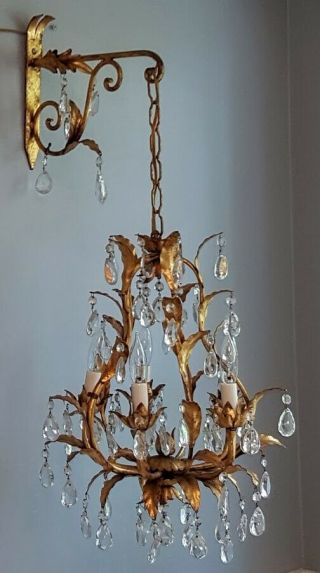 Antique Italian Petite Chandelier Italy Tole Gold Gilt Prisms Hollywood Regency