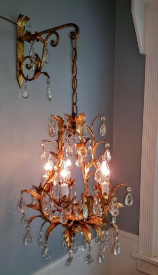 Antique Italian Petite Chandelier Italy Tole Gold Gilt Prisms Hollywood Regency 2