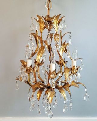 Antique Italian Petite Chandelier Italy Tole Gold Gilt Prisms Hollywood Regency 3