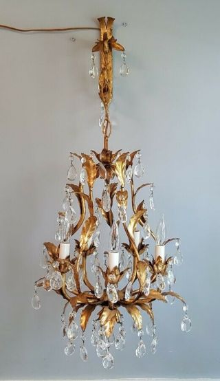 Antique Italian Petite Chandelier Italy Tole Gold Gilt Prisms Hollywood Regency 4