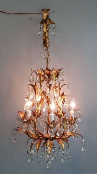 Antique Italian Petite Chandelier Italy Tole Gold Gilt Prisms Hollywood Regency 6