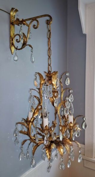 Antique Italian Petite Chandelier Italy Tole Gold Gilt Prisms Hollywood Regency 7