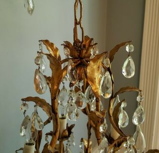 Antique Italian Petite Chandelier Italy Tole Gold Gilt Prisms Hollywood Regency 9