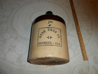 Antique Bessemer Alabama Pottery Stoneware 2 Gal Jug Rush Drug Co.