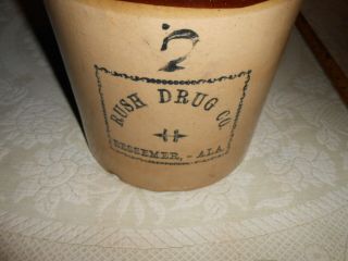 ANTIQUE BESSEMER ALABAMA POTTERY STONEWARE 2 GAL JUG RUSH DRUG CO. 2