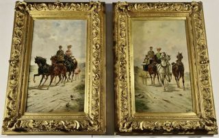 Pair Antique German Oil Paintings Figures Riding Horse Coach L Riedler