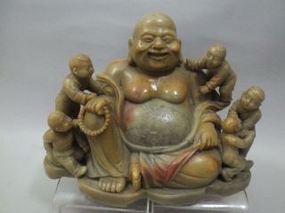 A Fine Republic Chinese Soapstone Figure Of A Buddha And 5 Boys 20thc