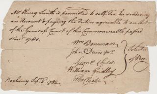 1782 Roxbury Ma Document Permit To Sell Tea Signed By 5 Selectmen Rev War Date