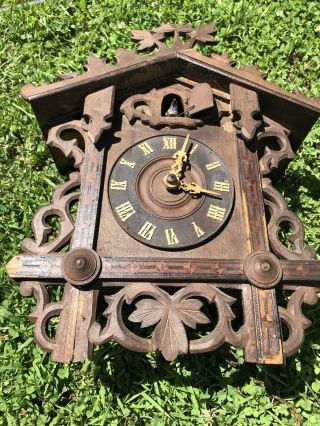 Antique 1900s Germany Black Forest Inlaid Cuckoo Bird Wall Clock 4 Parts Repair
