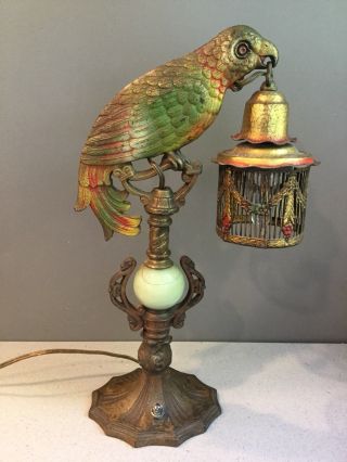 Antique Art Deco Cold Painted Diamond F Clevleand Oh Parrot Table Lamp 15 "