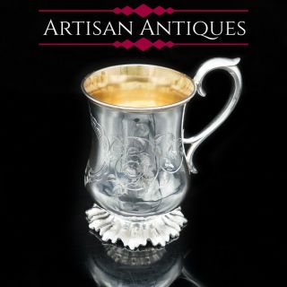 Antique Solid Silver Tankard / Mug With Floral Stippled Foot - Edward Ker Reid
