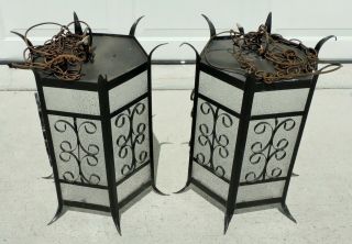 Pair Antique/vtg Spanish Revival Wrought Iron Hanging Lantern Light Chandeliers