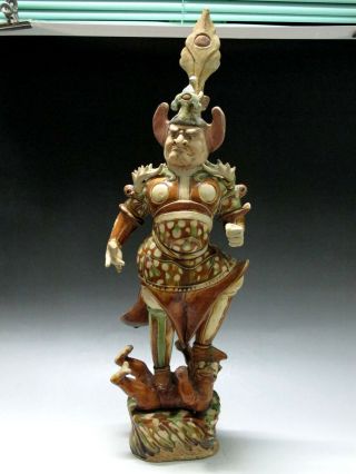 China Old Tang Sancai Pottery Carved Big Figure Statue Yellow Brown Green Glaze
