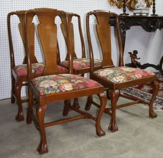 Four Antique English Quarter Sawn Oak Queen Anne Cabriolet Legs Chairs 12