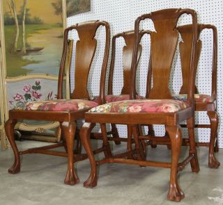 Four Antique English Quarter Sawn Oak Queen Anne Cabriolet Legs Chairs 2