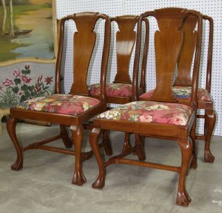 Four Antique English Quarter Sawn Oak Queen Anne Cabriolet Legs Chairs 3