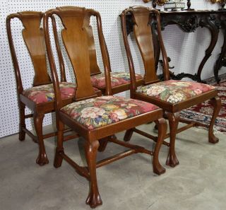 Four Antique English Quarter Sawn Oak Queen Anne Cabriolet Legs Chairs 5