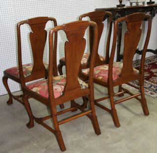 Four Antique English Quarter Sawn Oak Queen Anne Cabriolet Legs Chairs 7