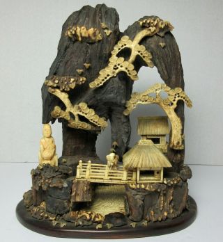Antique Chinese Carved Wood Mountain Village Sculpture 19th Century Scholars