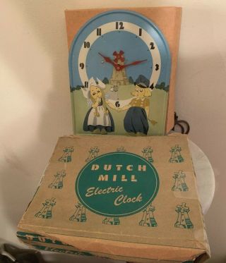 Vintage Tin Litho Animated Electric Windmill Wall Clock - Dutch Boy Girl Ex.  Cond