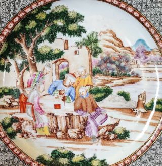 Chinese 18th c.  Noir Enamel Porcelain Plate Men Women Child Landscape 2