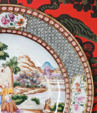 Chinese 18th c.  Noir Enamel Porcelain Plate Men Women Child Landscape 5