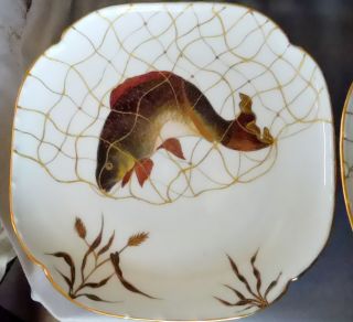 Antique Platter plate set Limoges Oscar Gutherz fish hand painted France 19th c 8