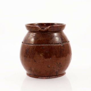 19th c.  large redware handled pitcher,  slip glazed with kiln spotting [11813] 4