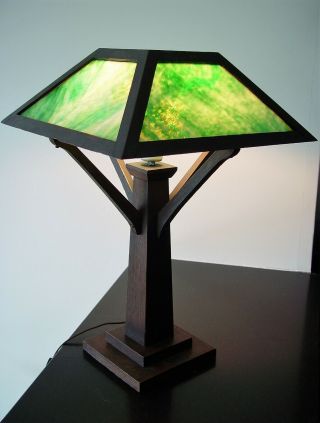 W.  B.  Brown Oak & Green Slag Glass Table Lamp 1915 - Mission | Arts & Crafts