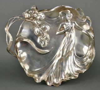 Fine Antique Art Nouveau German Jugendstil Wmf Alpaca Silver Lady Tray