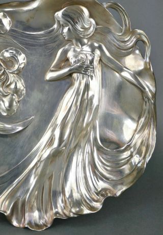 Fine Antique Art Nouveau German Jugendstil WMF Alpaca Silver Lady Tray 5