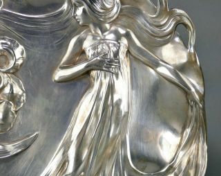 Fine Antique Art Nouveau German Jugendstil WMF Alpaca Silver Lady Tray 6