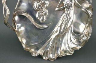 Fine Antique Art Nouveau German Jugendstil WMF Alpaca Silver Lady Tray 7