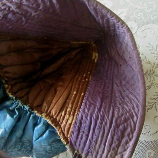 Antique Quilted Winter Bonnet Civil War BLUE CHINTZ fabric Brown Purple POKE 10