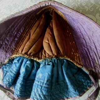 Antique Quilted Winter Bonnet Civil War Blue Chintz Fabric Brown Purple Poke