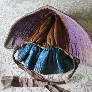 Antique Quilted Winter Bonnet Civil War BLUE CHINTZ fabric Brown Purple POKE 2