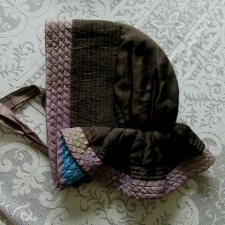 Antique Quilted Winter Bonnet Civil War BLUE CHINTZ fabric Brown Purple POKE 3