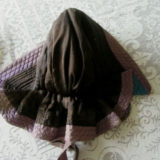 Antique Quilted Winter Bonnet Civil War BLUE CHINTZ fabric Brown Purple POKE 6