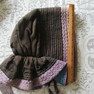 Antique Quilted Winter Bonnet Civil War BLUE CHINTZ fabric Brown Purple POKE 8