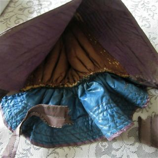 Antique Quilted Winter Bonnet Civil War BLUE CHINTZ fabric Brown Purple POKE 9